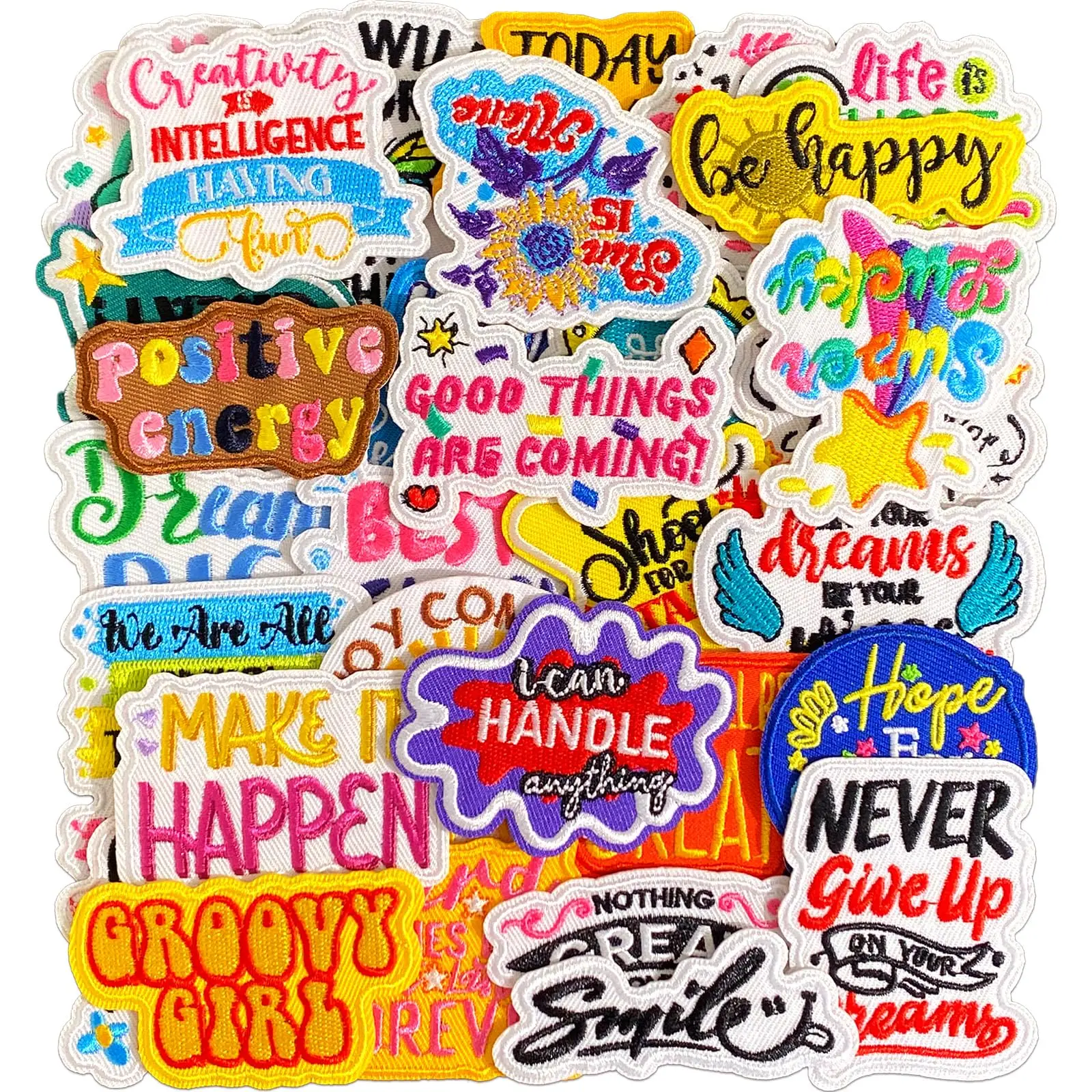 30pcs Randomly Packed Unique Embroidery Patches - Cotton Thread Slogan Embroidery & Sets with Motivational Quotes, Rainbow, Bee, Star - Clothing Decor Iron-On Patches for Jeans, Jackets - DIY Craft Gifts for Teens