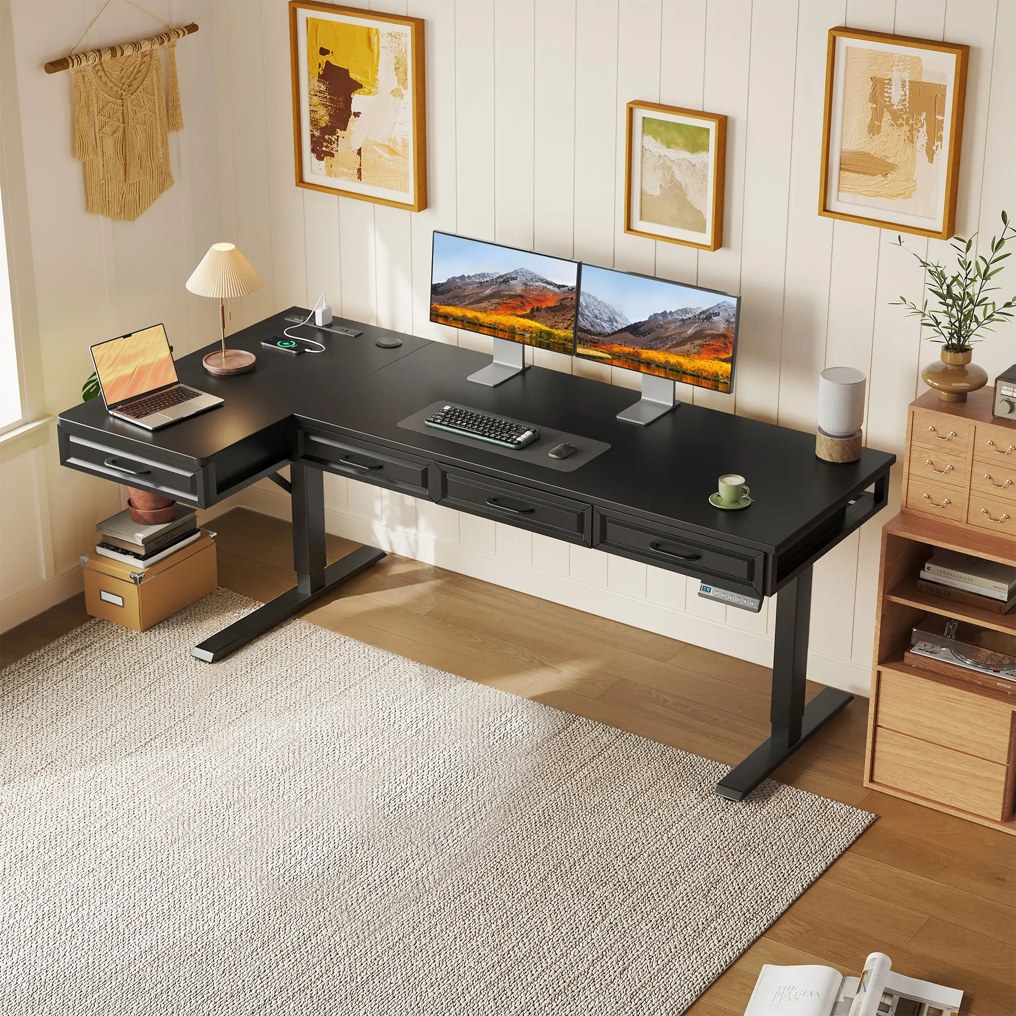 L Shaped Electric Standing Desk with Wood Drawers,Adjustable Corner Workstation with Power Outlets for Home Office