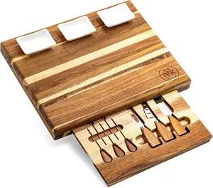 NMR Acacia Wood Charcuterie Board Set with 3 Ceramic Bowls & Hidden Drawer – Cheese Board Gift Set for Entertaining, Housewarming & Weddings
