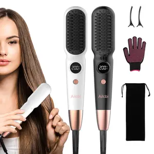 Plasma Hair Straightener Brush Comb Fast Heated 2-in-1 Digital Display PDP Ceramic Smoothing Anion Electric Hair Brush for All Style