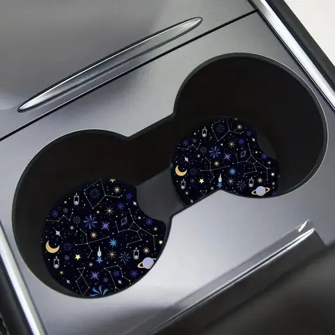 Cartoon Moon & Star Pattern Car Coaster, Round Anti-slip Cup Holder Decorative Cup Mat, Car Interior Accessory, Car Interior Decoration, Car Cup Holder Protective Coaster For Car Gift, Car Accessories Cute, Automotive Decorative Accessories