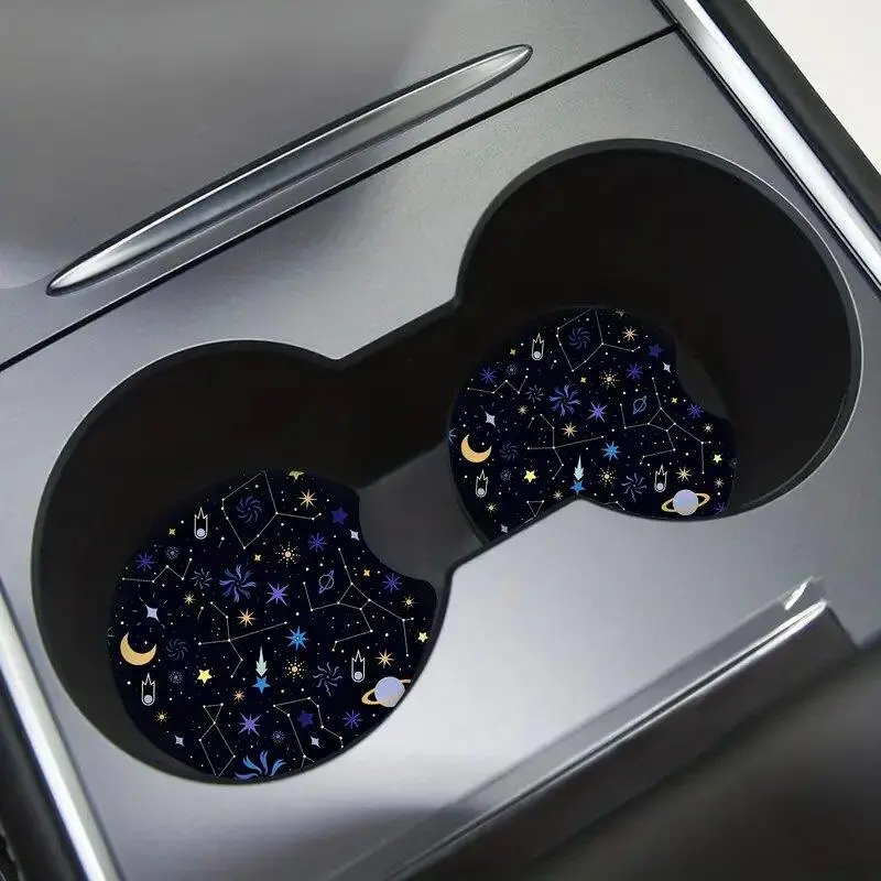Cartoon Moon & Star Pattern Car Coaster, Round Anti-slip Cup Holder Decorative Cup Mat, Car Interior Accessory, Car Interior Decoration, Car Cup Holder Protective Coaster For Car Gift, Car Accessories Cute, Automotive Decorative Accessories