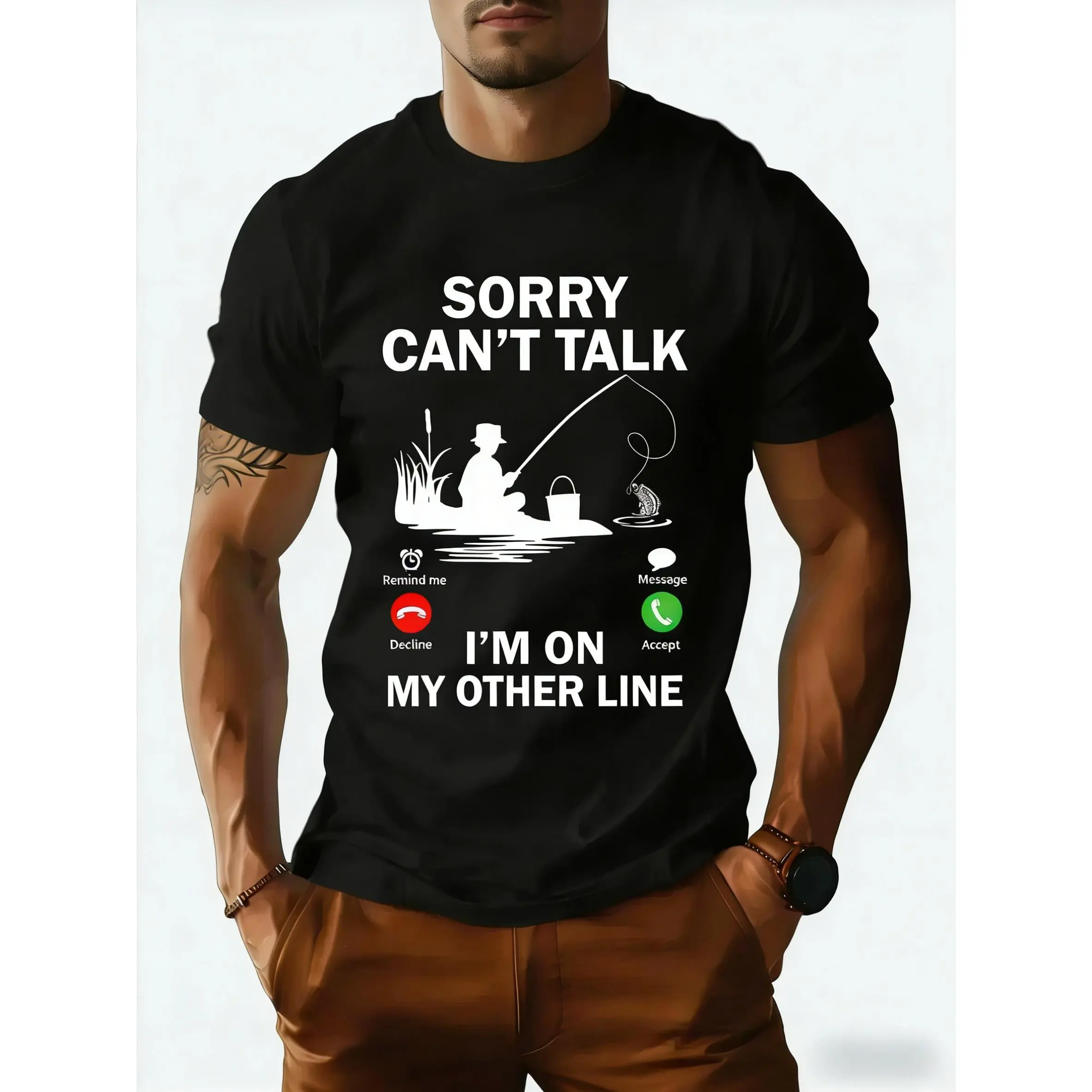 Men's "Sorry Can't Talk I'm On My Other Line" Funny Fishing Graphic Tee, Vintage Casual Top