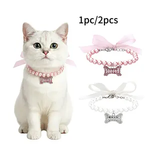 Pet Necklace Set, Collars, Pearl Bow Tie & Bone Design, Suitable for Small Medium Cats Dogs, Daily Wear Accessories, Party Holiday Decorations