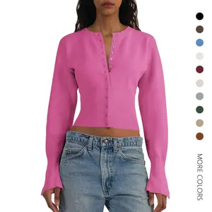 Danedvi Womens Cropped Sweaters Button Down Long Sleeve V Neck Ribbed Knit Slim Fit Pullover Crop Tops Black Casual