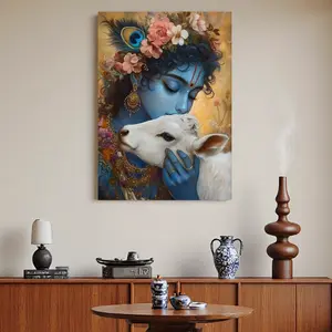 Framed Canvas 1pc Realistic And Ornate Digital  of Lord Krishna with a Calf, Adorned with Flowers And Jewels Canvas Artworks, Modern Minimalist Artworks for Easter, Mother'S Day, Spring Decoration, Living Room, Bedroom, Office, Kitchen, And Dining Ro