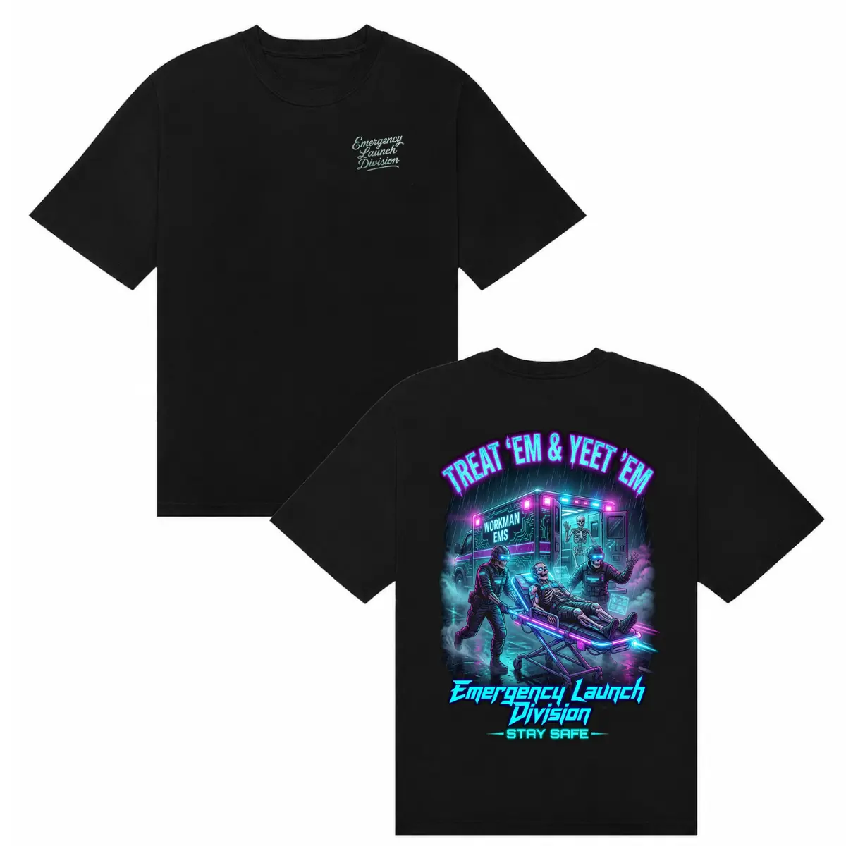 TREAT EM & YEET EM EMS Neon Ambulance Skeleton Menswear Short-Sleeve Casual Round Neck Streetwear T-Shirt, Funny Emergency Medical Humor Paramedic Graphic Tee, Blue Collar Black Sports Top, Shortsleeve, Tshirt, Heavy Cotton, Graphic T Shirts, Us Pride / N