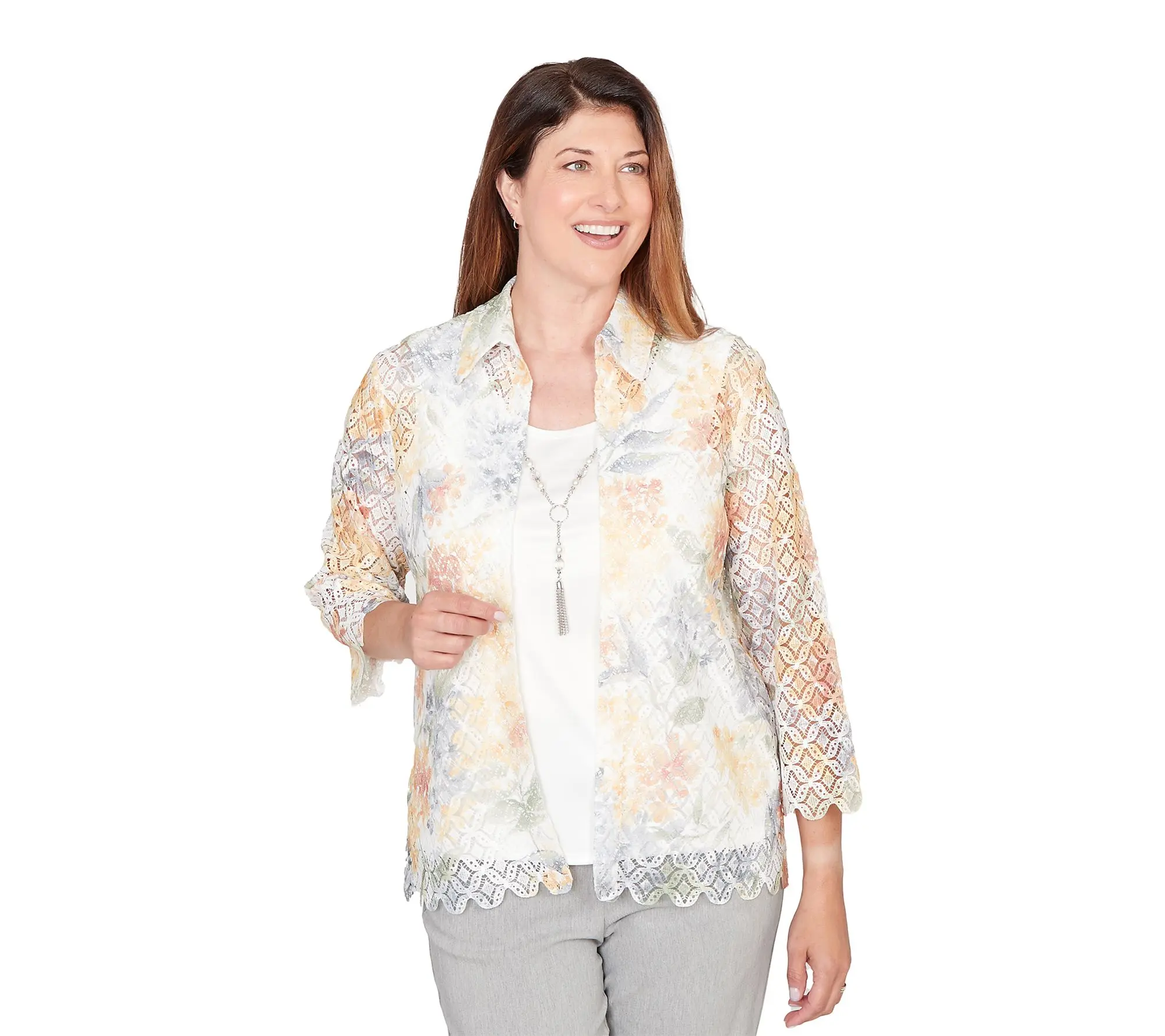 Alfred Dunner Petite Lace Floral Two in One Top with Necklace