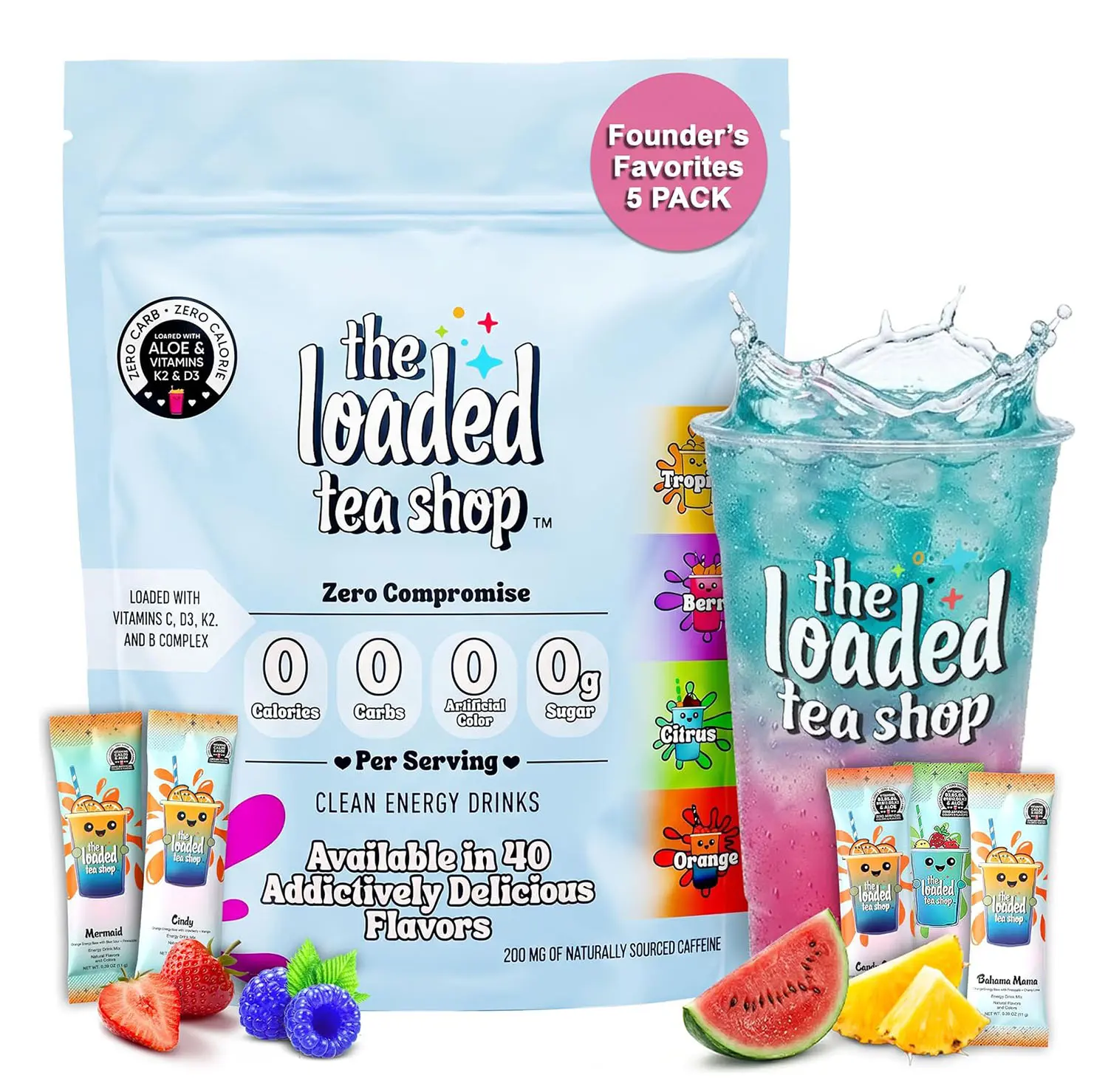 The Loaded Tea Shop Energy Drink Mix Sticks, Founder’s Favorites 5 Pack, Sugar-Free, Zero Calories, 200mg Natural Caffeine, No Artificial Colors/Flavors, Powder Packets w/ B Vitamins - Energy Drink Alternative