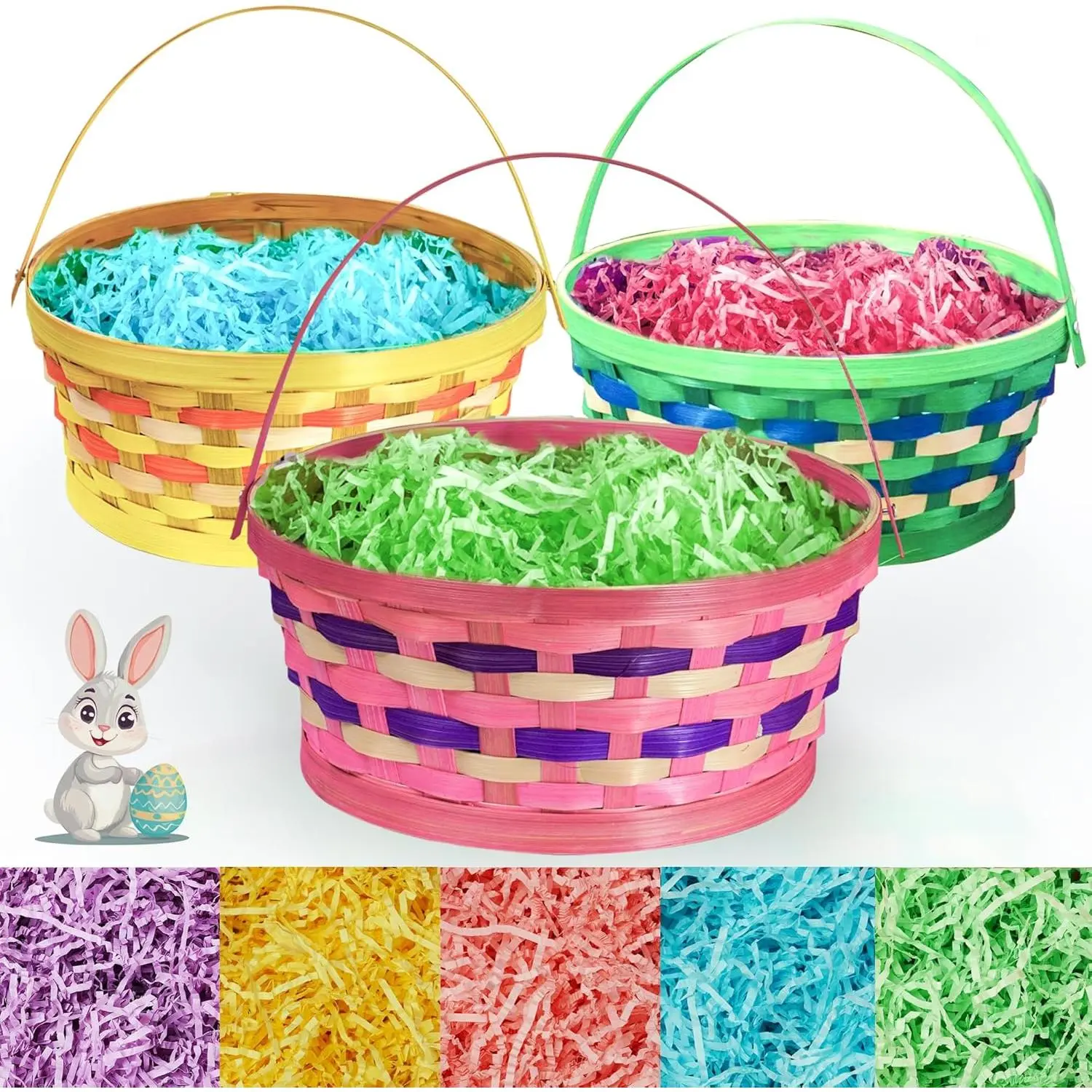 3-Pack Woven Bamboo Easter Egg Organizer Storage Baskets (9.9x10 in) with Bamboo Handles, Includes 5-Color Crinkle Cut Paper Fillers, Easy to Clean, Ideal for Easter Egg Hunting & Decorating, Three