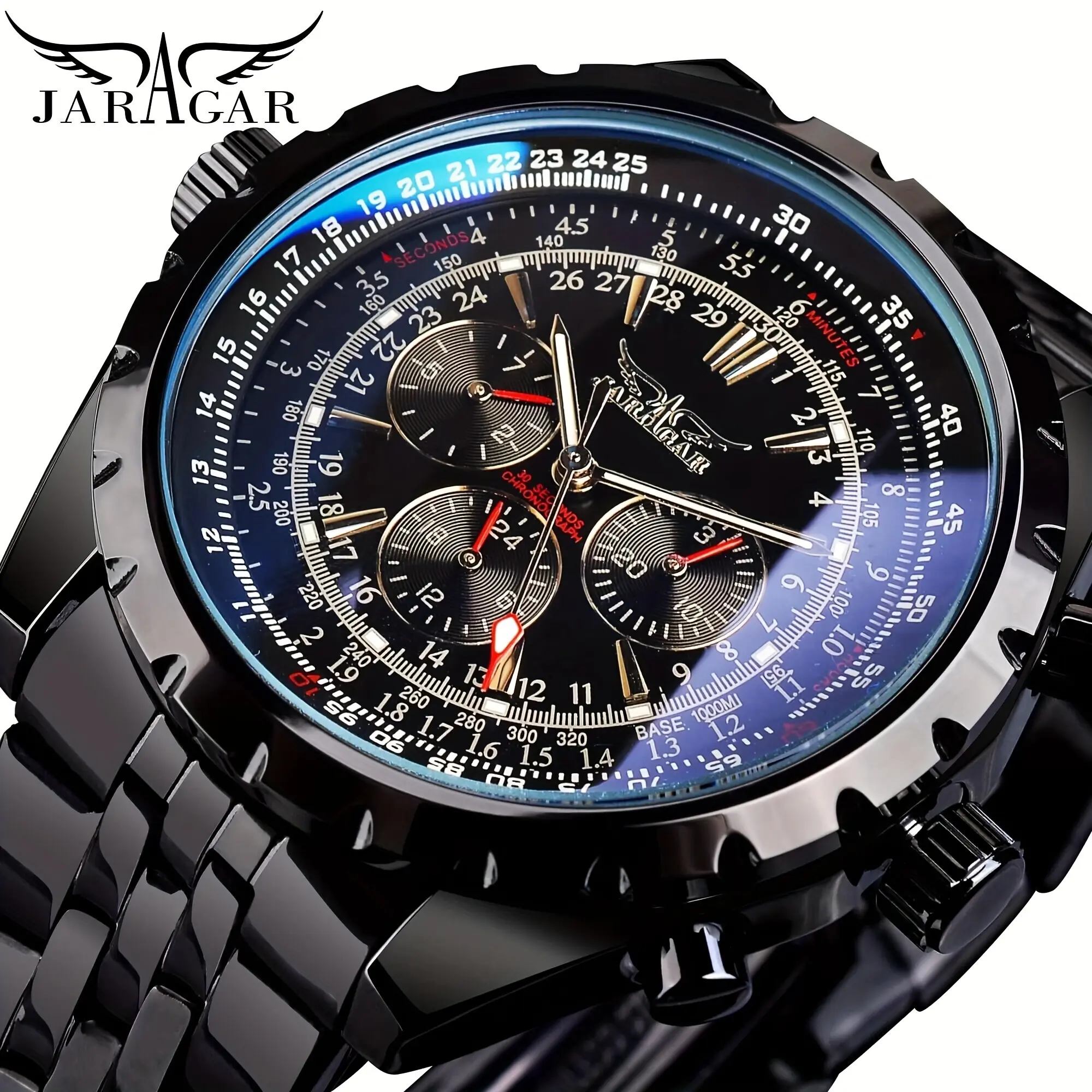Jaragar Blue Glass Design Black Silver Automatic Watch Stainless Steel Strap Date week Display round dail Clock Luminous Hands Men Business Mechanical Wristwatch cheap watch for man trendy all-match watch