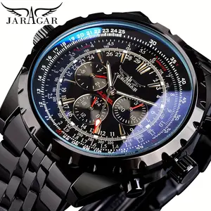 Jaragar Blue Glass Design Black Silver Automatic Watch Stainless Steel Strap Date week Display round dail Clock Luminous Hands Men Business Mechanical Wristwatch cheap watch for man trendy all-match watch