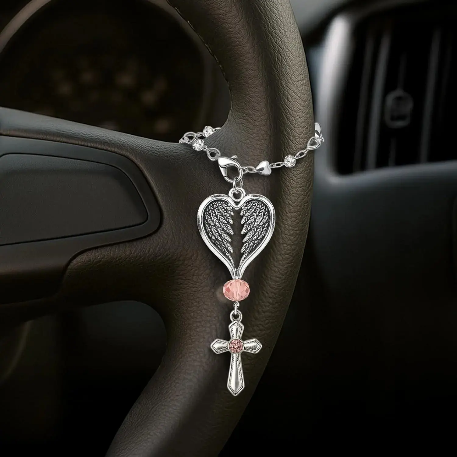 Guardian Angel Keychain Heart Shaped Wings Steel Color Rhinestone Love Chain Pendant, Angel Wings Cross Keychain Charm Accessory