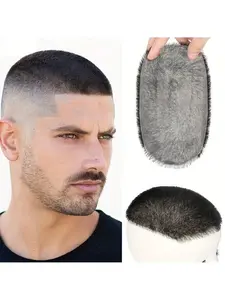 Men's Toupee Human Hair Short Buzz Cut PU Thin Skin Toupee Straight Transparent Biological Scalp Hair Toppers Toupee Piece Wig Invisible Hairpiece for Thinning Hair or Bald Natural Look Hairpiece Natural Black Toupee for Men Hairline Topper