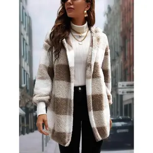 Women's Plaid Print Drop Shoulder Hooded Fuzzy Jacket, Casual Long Sleeve Open Front Outerwear for Fall & Winter, Fur Coat, Women's  Winter Wear  Clothing for Daily Wear