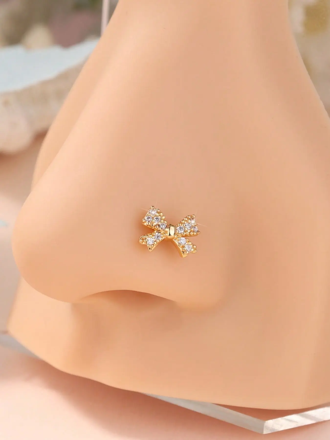 Cute Bow L-Shaped Nose Stud, Shiny Cz 18k Plated, 20g Nose Ring, Hypoallergenic, Comfortable, Daily Wear Jewelry, Body Jewellery, Nose Piercing Jewelry