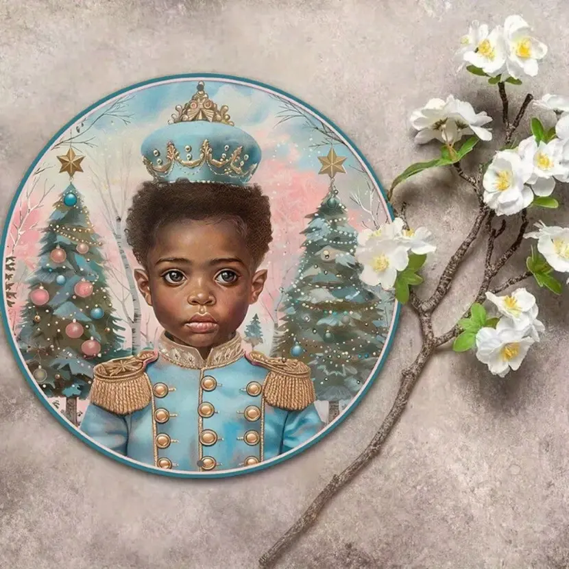Aluminum Nutcracker Christmas Wreath Sign 8 Inch Round Wall Portrait Featherless Weather Resistant HD Print for Home Garden Office Room Decor