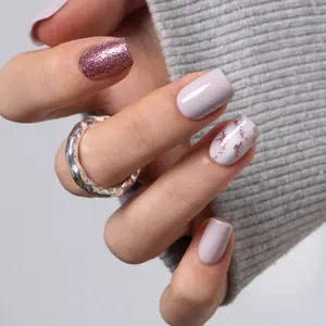 Pink Marble Press On Nails | CurvLife Nail | 24pcs Short Round Fake Nails | Glitter Marble Design | Easy Apply, Comfortable & Natural | Daily, Business & Event Nail Art