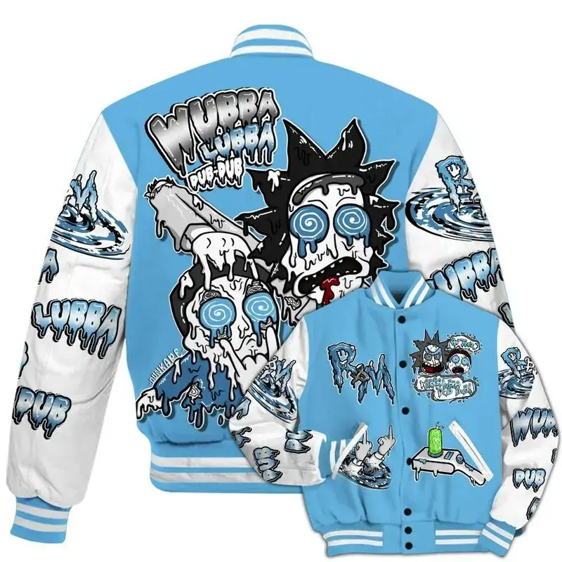 Melo 12s Match Varsity Jacket, Wubba Rick Drip Printed Baseball Jacket, Baseball Football Jacket, Varsity Sportwear Style, Unisex Casual Look