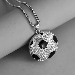 Hiphop Trendy Rhinestone Football Pendant Stainless Steel Necklace Streetwear Accessory, Fashion Jewelry for Men and Women