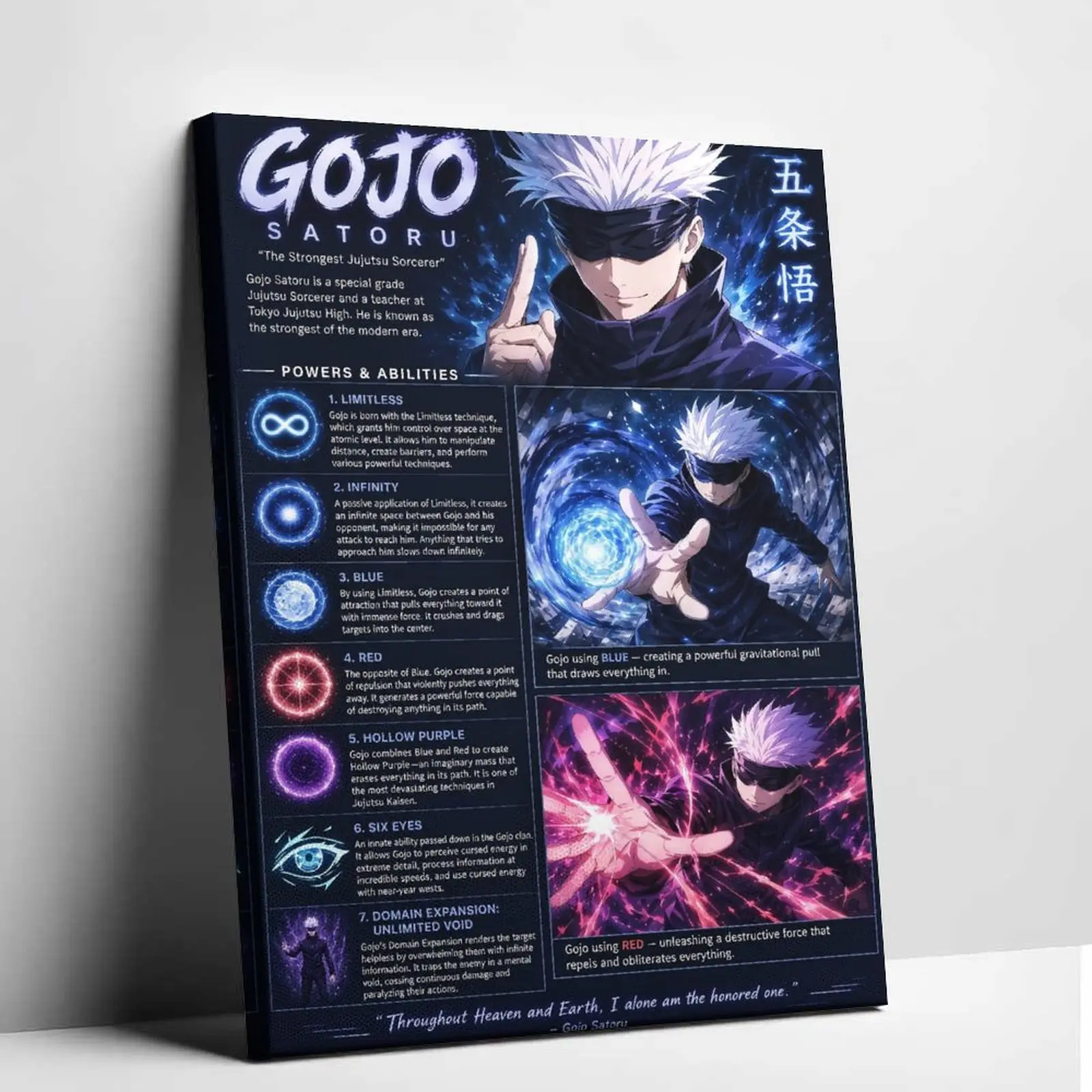 Gojo Satoru Powers andAbilities Canvas Wall Art, Blueand Red Anime CharacterPoster for Bedroom, GameRoom or Dorm Decor