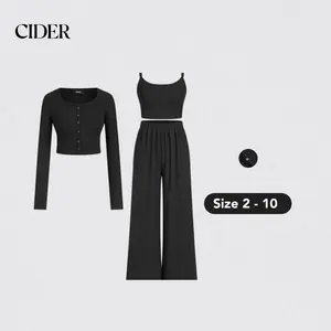 Cider [size 2-10] U-neckline Button Solid Cardigan & Tank Top & Elastic Waist Trousers Matching Set
