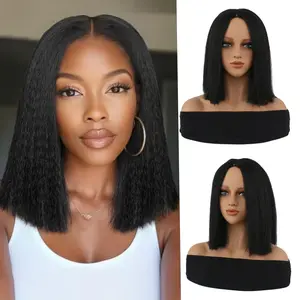 Yaki Straight Bob Wig for Women Short Kinky Straight Wigs Glueless Synthetic Wigs Shoulder Length Middle Part Hair Cut Bob Wig Natural Black Color woman middle part