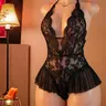 Women's Sheer Lace Sexy Teddy Bodysuit - Feminine Fit, Cute Halter, Deep V-Neck, Adjustable Straps, Open Crotch, Premium Fabric Lingerie with Ruffle, Boudoir Aesthetic 1-Piece Slip for Bridal Nightwear