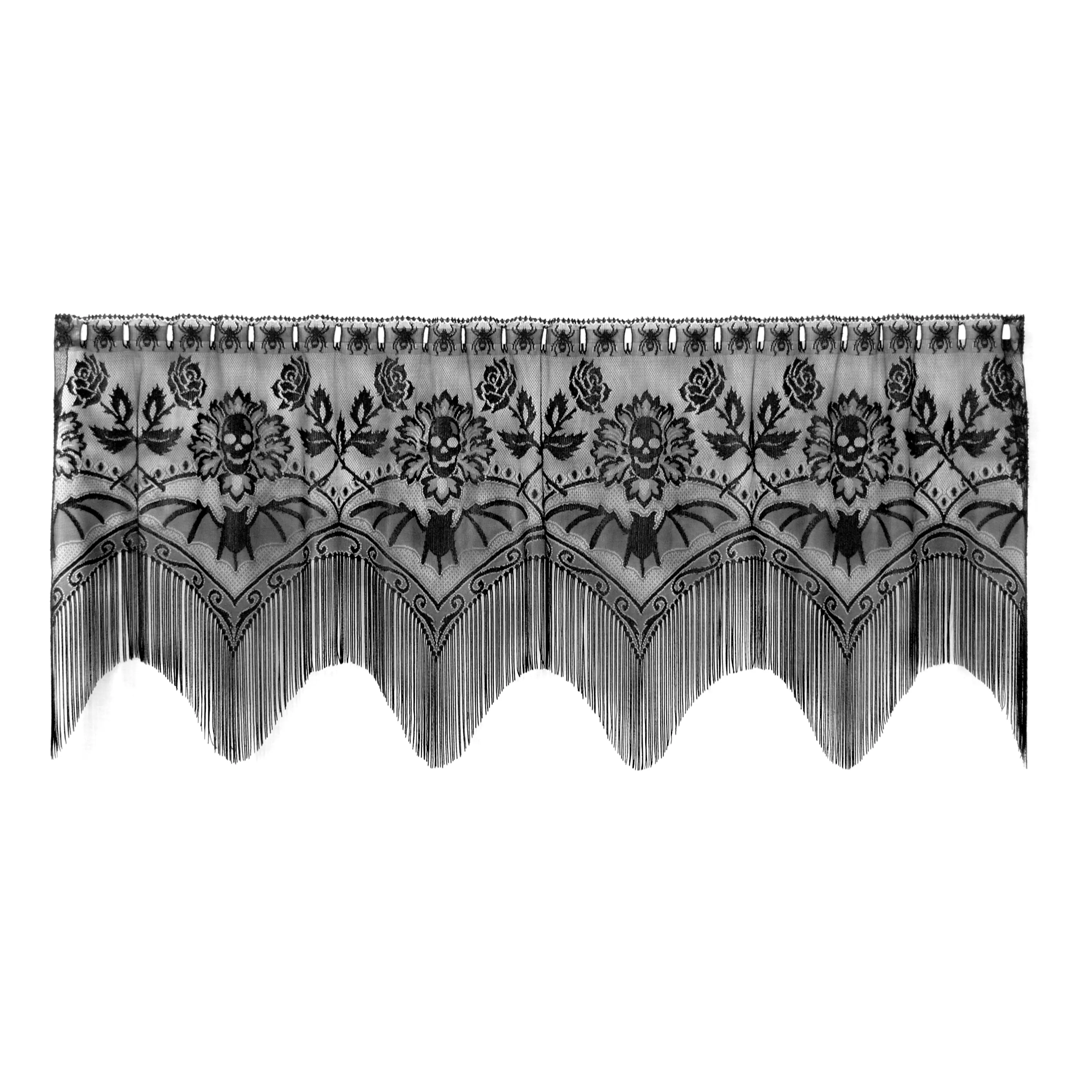 Gothic Halloween Skull Bat Fringe 60x22 Lace Curtain Valance 4-Way Black - Perfect for Gothic or Halloween Decor