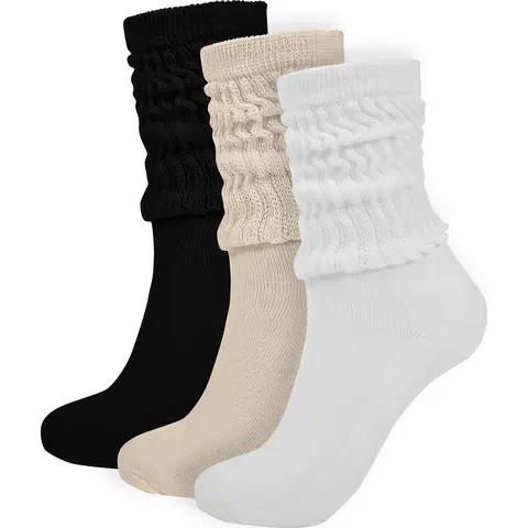 BomKinta Women's Ruffle Knit Scrunch Slouch Boot Scrunchie Socks (3 Pack) - Mid Calf Frilly Fuzzy Soft Breathable Everyday Athletic 5-Toe Socks for Jeans, Thanksgiving Wear