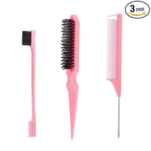 3PCS Slick Back Hair Brush Set with Rat Tail Comb & Edge Brush Hair Styling Accessories for Women, Girls & Kids, Boar Bristle Brush for Sleek Ponytails, Buns, Edge Control, Baby Hair & Flyaway Smoothing