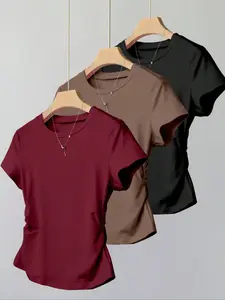 Women's Fashion Straight Shoulder Solid Color Waist Pleated Versatile Round Neck Basic T-Shirt Three Piece Set, Casual Summer, Top