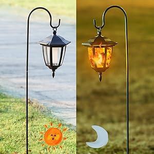 2 Pack Solar Flame Hanging Lights Outdoor, Halloween Solar Flickering Flame LED Garden Lanterns with 2 x 38 Inch Shepherd Hooks, Christmas Lighting for Lawn Patio Yard Pathway Driveway