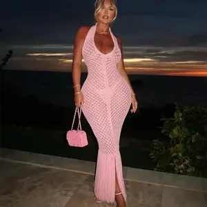 two-piece set woman Knitting Crochet Party Long Dresses for Women 2025 Sexy Club Beach See Through Halter V-neck Backless Tassel Maxi Dress Vacation