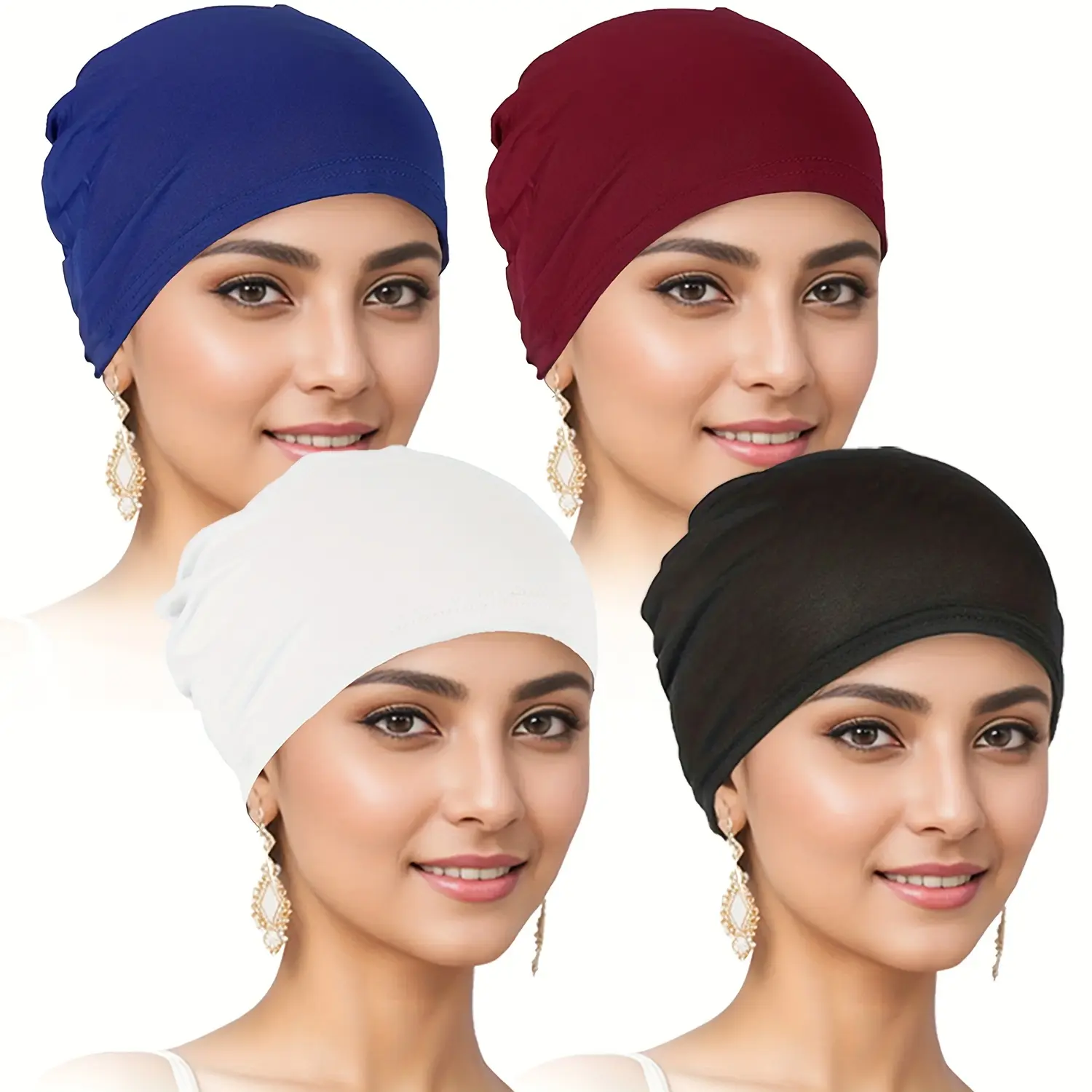 4pcs Women's Turbans Single Color Two-Piece Base Headscarf Hat Casual Comfortable Chemotherapy Hair Cap