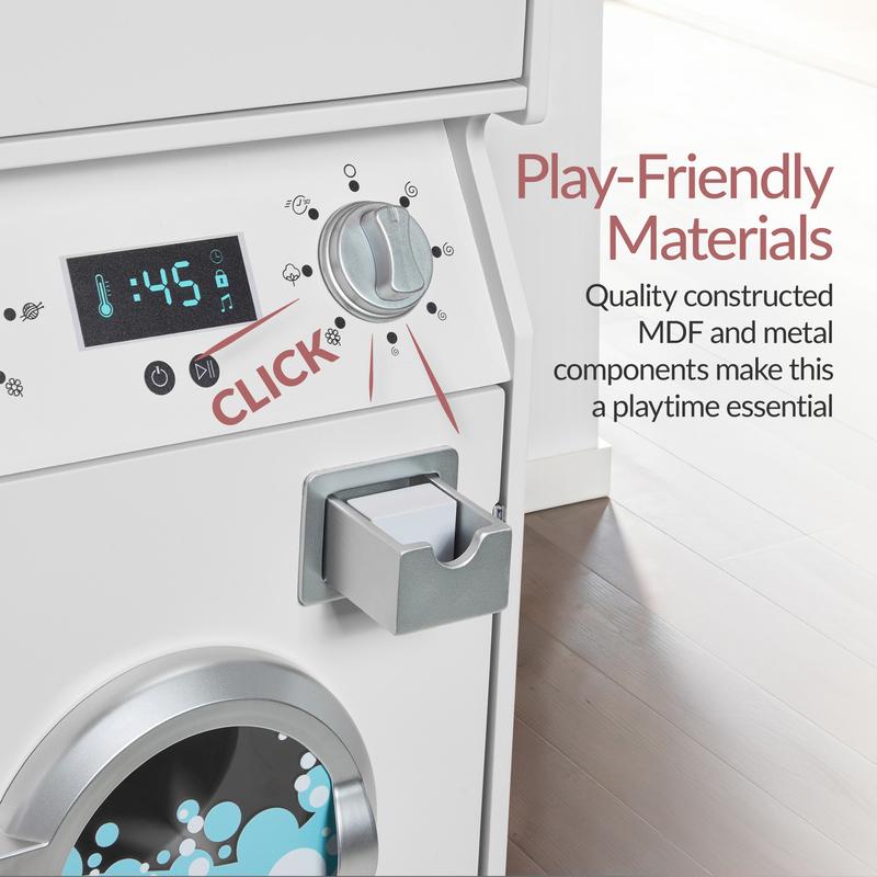 Best Choice Products Pretend Play Kids Wooden Stacked Washer & Dryer Set w/ Toy Laundry Storage and Accessories