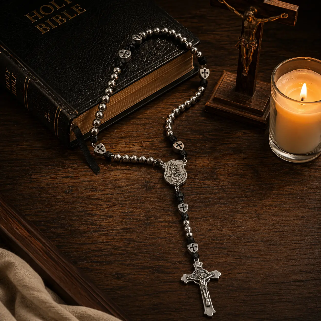 Catholic rosaries with Crucifix Pendant for Men, Silver Tone Beaded Paracord Rosary, Christian Faith Item for Prayer, Wearable Religious Piece for Prayer, Reflection, Daily Devotion & Religious Gift, Father's Day Gifts, Mens Gifts