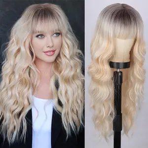 SummerVibes AISI HAIR Wig with Bangs Long Wavy Wig with Dark Roots Ombre Natural Curly Synthetic Resistant Fiber wigs for beginners Daily Party Use