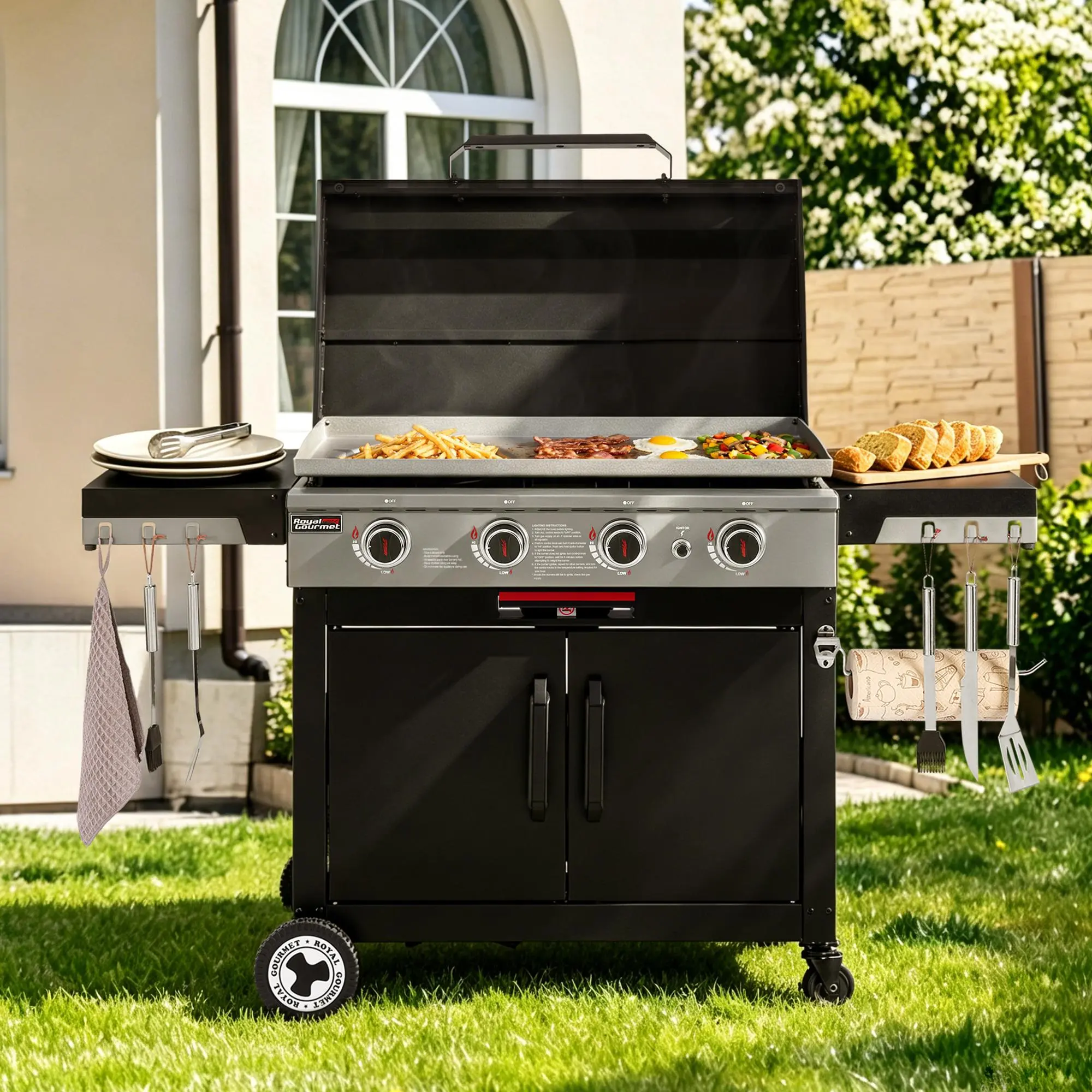 Royal Gourmet GB4008B 4-Burner Gas Griddle, Upgraded 2-in-1 Grill & Fry Flat Top Grill, 52,000 BTU Outdoor BBQ Griddle with Recessed Fry Zone, 582 sq.in Cooking Area, Foldable Side Shelves, Camping & Backyard Cooking Barbecue Bbq Pit Bbq Set