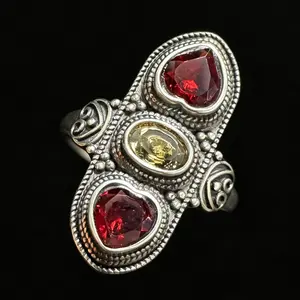 925 Sterling Silver Garnet & Citrine Adjustable Statement Ring