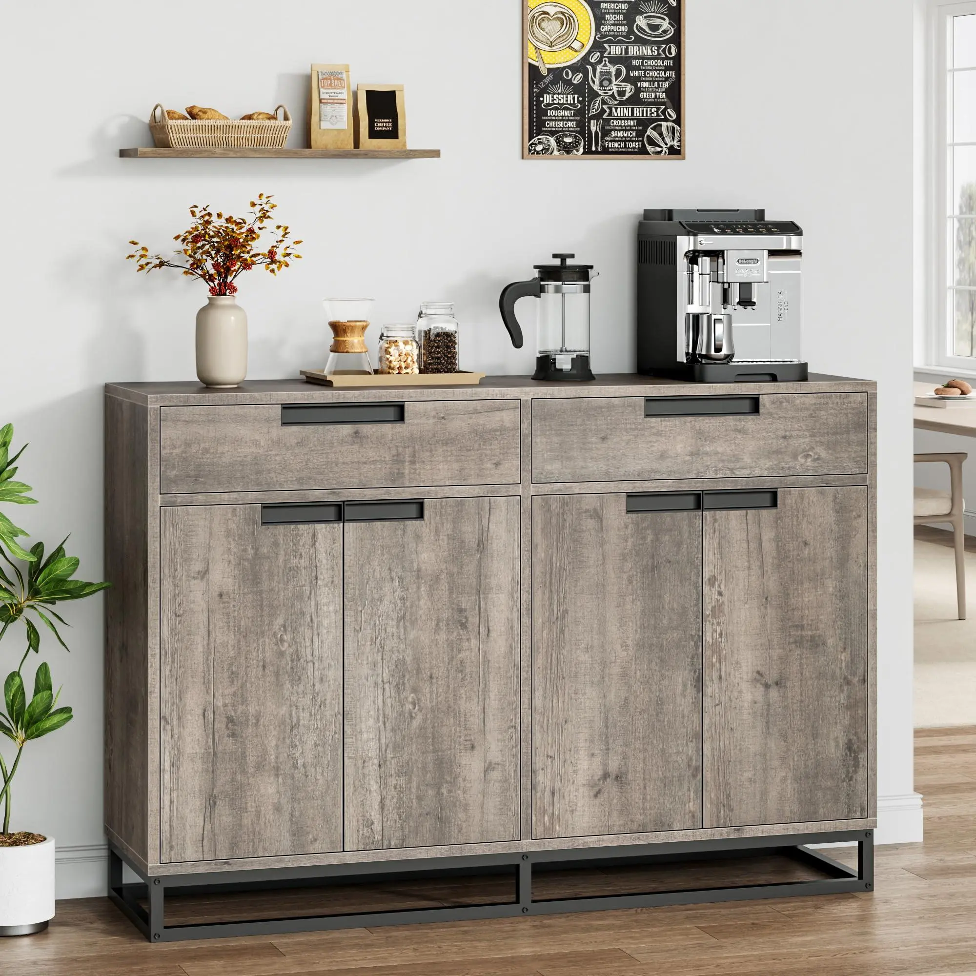 Garvee 55-inch Freestanding Sideboard Buffet Cabinet - 2 Drawers, 4 Doors, Spacious Storage, Classic Brown Finish, Adjustable Wood Accent Vintage Coffee Bar Table, Modern, Quality & Convenience for Dining Room, Kitchen, Various Room Types