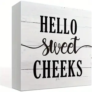 Bathroom Decor Sign - Hello Sweet Cheeks, Box Sign Tabletop Decors, Front Door Decor for Shelf, Funny Bathroom Decor Art, Farmhouse Table Decoration, Rustic Home Decoration 5x5 inch