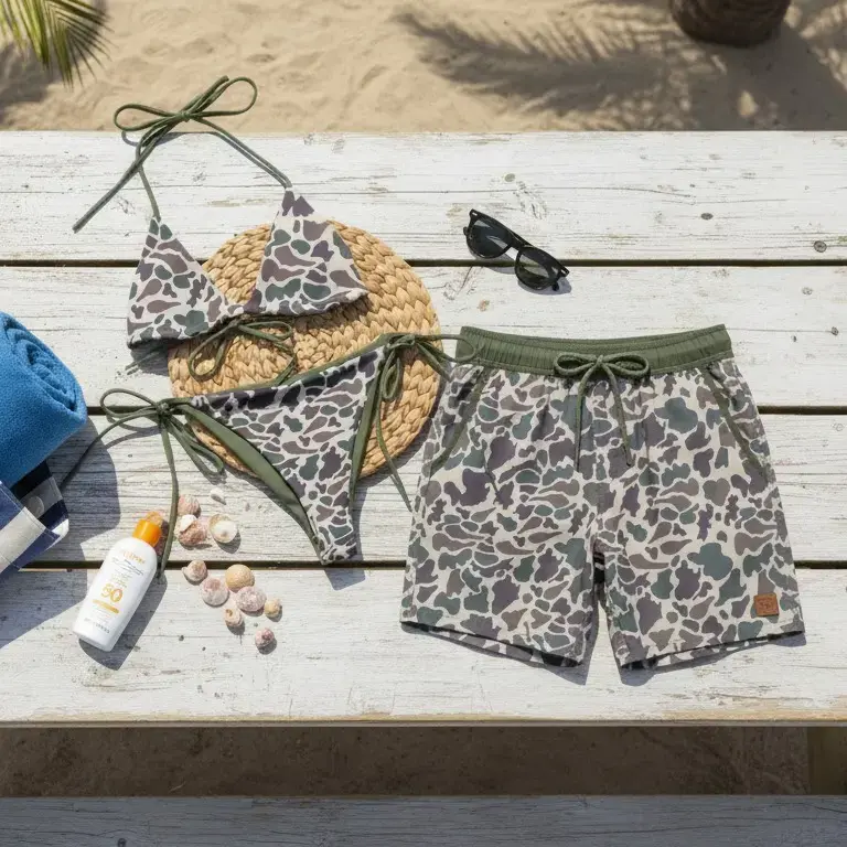 Matching Couple Woodland Camo Swimwear - Olive Green Camouflage Bikini & Men's Board Shorts Set | Trendy Summer Vacation Outfits