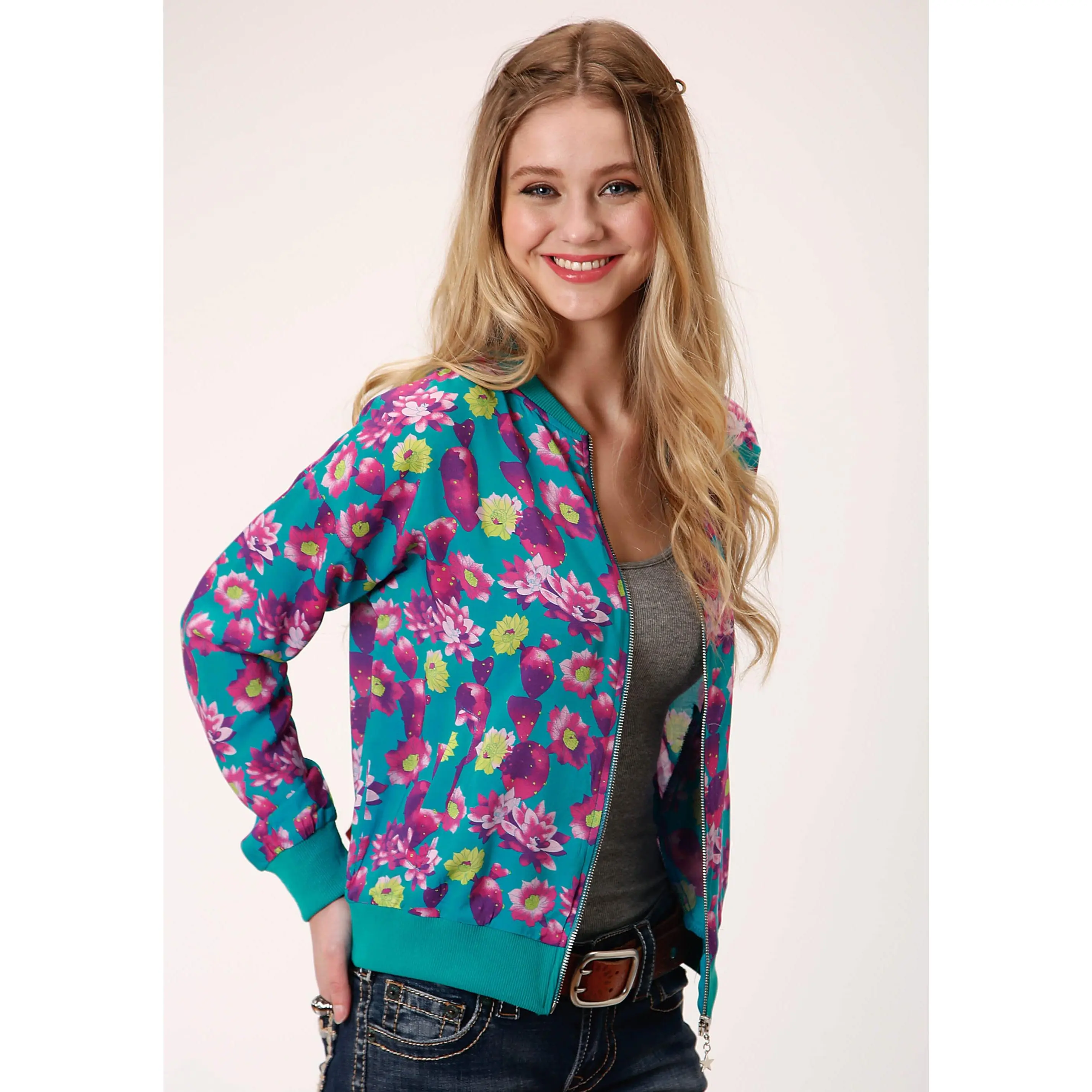 Womens Turquoise Pink And Yellow Floral Print Zip Front Jacket