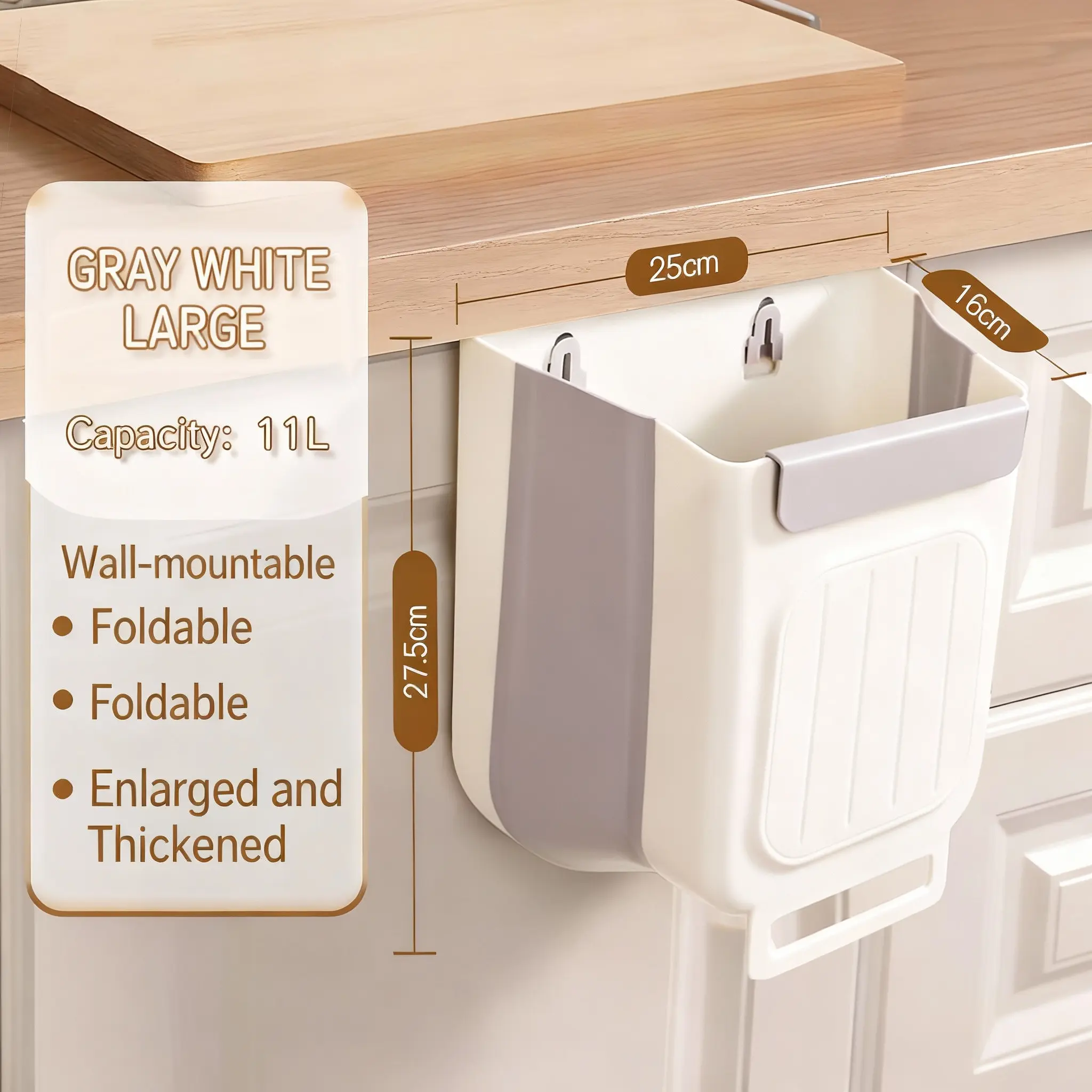 11L Wall-Mount Hanging Bin - Strong Load-Bearing, Multi-Purpose, Space-Saving, Foldable Waste Container with Scraper Buckle, Easy-to-Use Grey Home Kitchen Waste Storage Bin