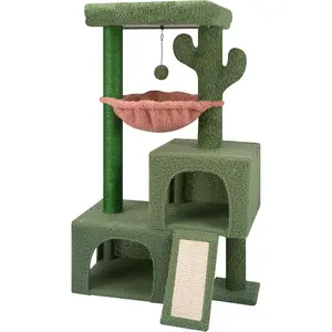 37.4" Cactus Cat Tree Tower with Twin Cat Condos for Indoor Cats, All-in-One Activity Center with Cat Scratching Post Cozy Sleeping Perch Hammock and Toy Balls,Green