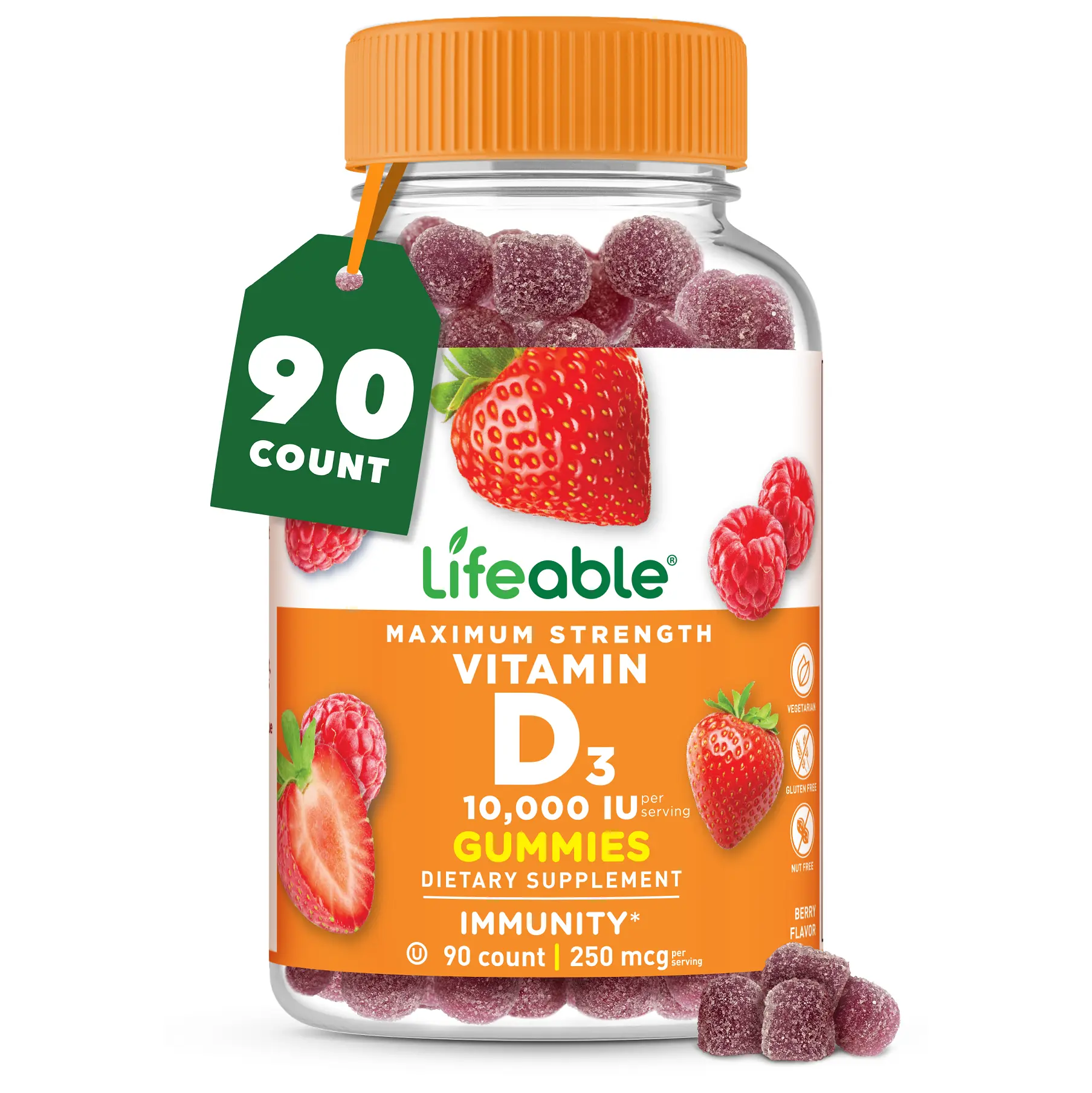 Lifeable Natural Chewable Vitamin D3 Gummies for Adults - 10000 IU Per Serving, 90 Count, Strawberry Flavor, Dairy Free, Supports Bones & Immunity, Dietary Health Supplement for Bone Health