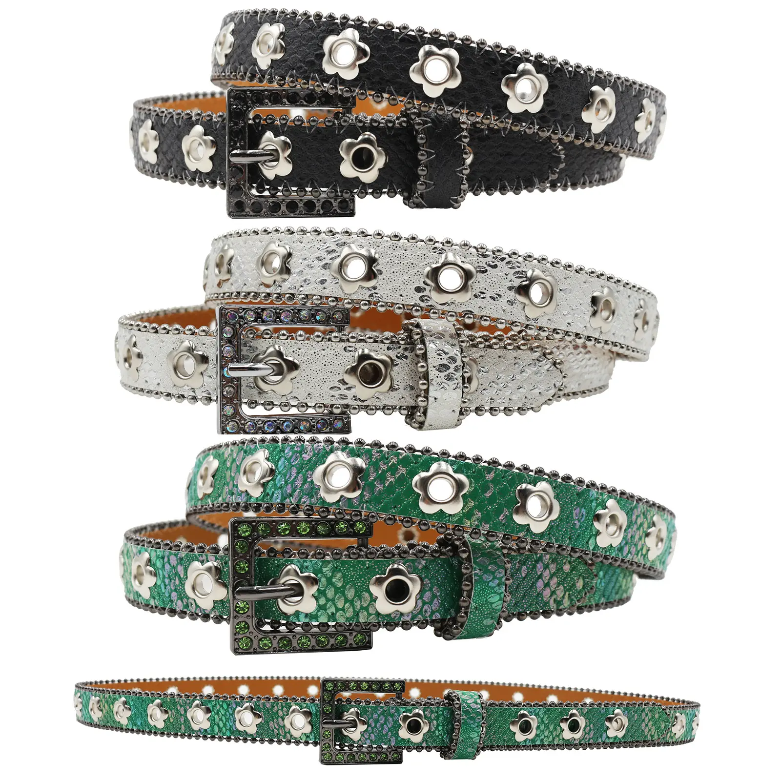 High-end full-diamond floral eyelet women's leather belt for jeans with pin buckle, fashionable rhinestone waist belt for skirts
