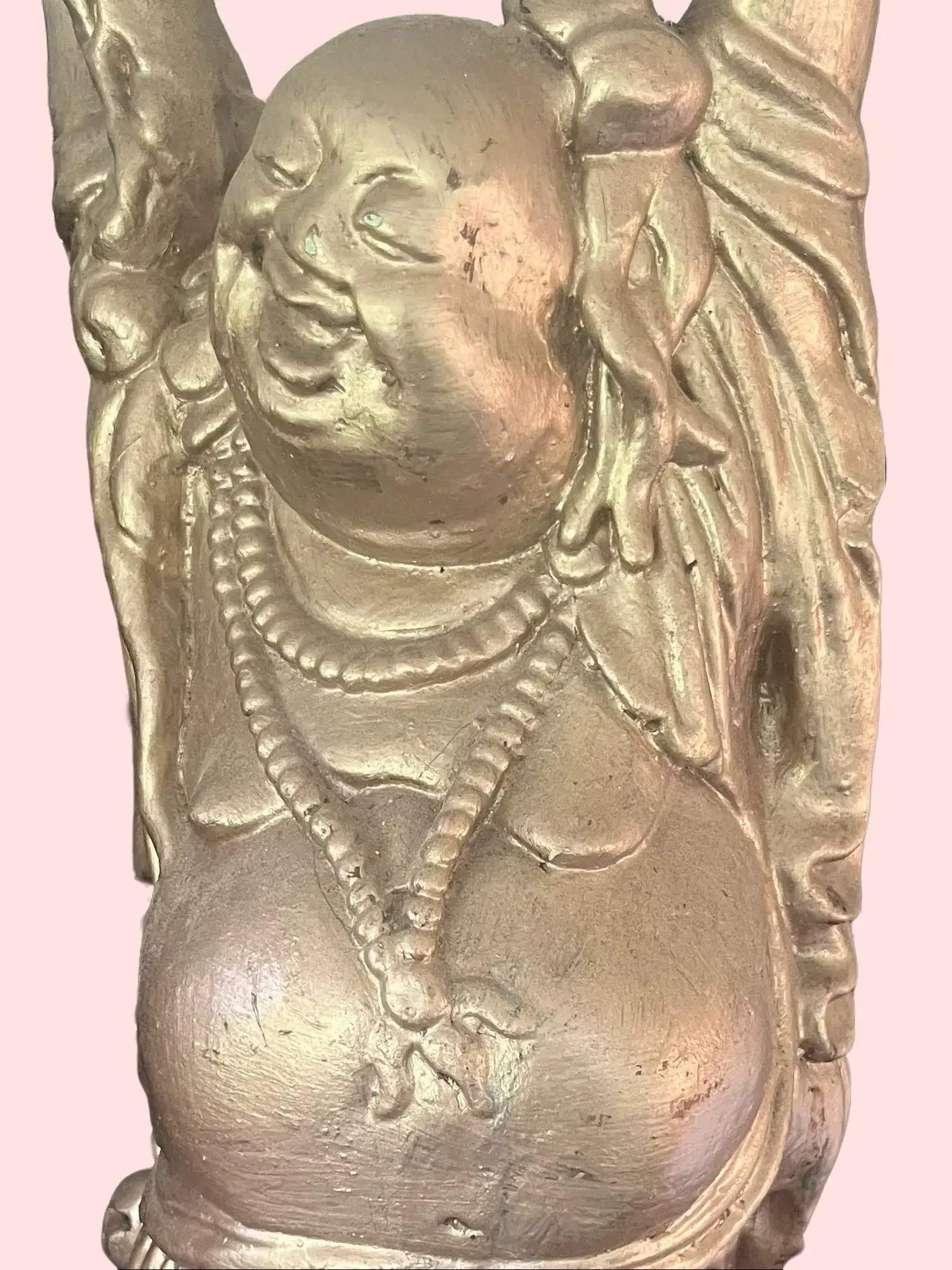 Golden Laughing Buddha Statue with Beaded Necklace and Raised Arms for Home Decor
