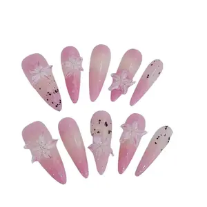 Pure Hand-Worn Nail Ice Lily Summer Explosion Nails with Three-Dimensional Relief Flower, Pink, Yellow, and Black Colors, Long Diamond Press